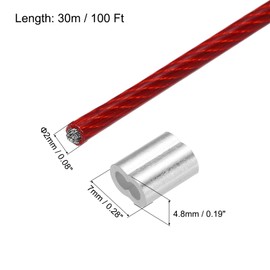 MECCANIXITY 100Ft(30M) Wire Rope 304 Stainless Steel Cable 5/64"(2mm) Vinyl Coated with 10Pcs Aluminum Sleeves for Hanging, Clotheslines, Lifting Red