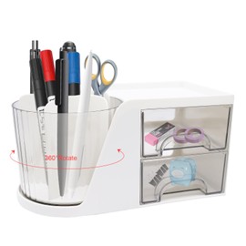 HVIHWI Desk Organiser, 360 Degree Rotating Pen Holder, Desk Organisers Accessories with 2 Drawers, Multi-Functional Pencil Holder, Art Supply Storage Box Caddy for Home Office