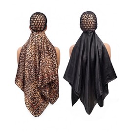 2-In-1 Wrap Cap Hair Net and Scarf, 2 Packs Silk Press Wrap Black & Leopard Print Bonnet for Hair Care, Shower Cap, Neck Scarf and Fashionable Shawl