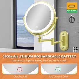 Auxmir 8'' Wall Mounted Lighted Makeup Mirror, 3200mAh Rechargeable Double-Sided 1X/20X Magnifying Mirror with Light, Touch Dimmable 3 Color Light, 360° Rotation Foldable Extended Arm, Gold