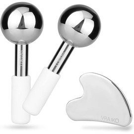 VRAIKO ICE Globes for Facials & Gua Sha Set, Gua Sha Facial Tools and Cryo Sticks with Unbreakable Steel, Face Massager Cooling Rollers for Dark Circles, Puffiness and Lymphatic Drainage - Color: Black