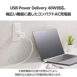 Elecom MPA-AC10640WF Charger, 40 W, 2 Ports, Type-C USB-A, USB, PD, Supports PPS, GaN II, Folding Plug, Shirochan