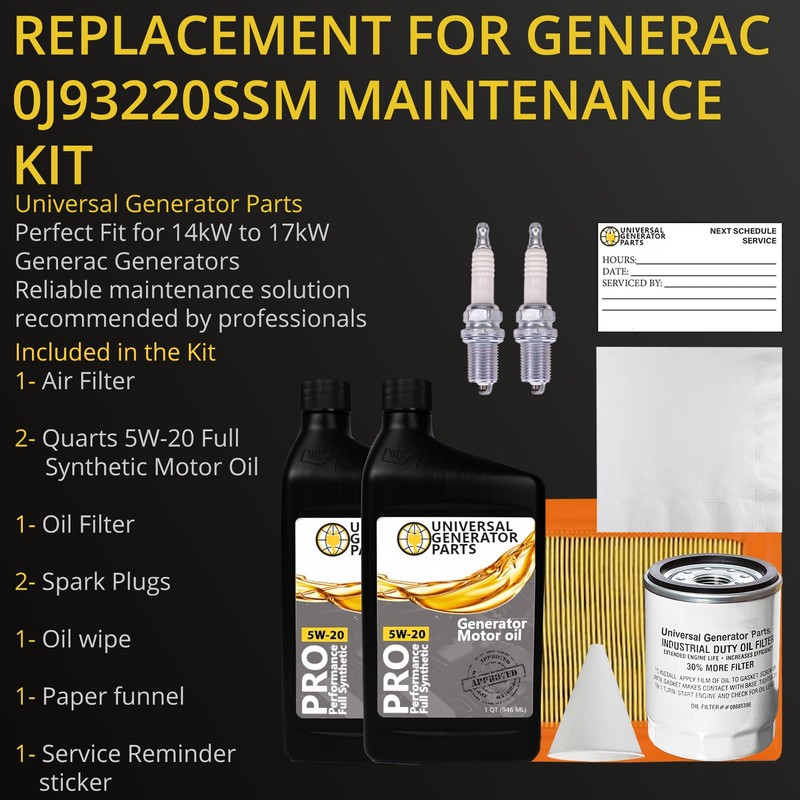 Replacement for Generac A0002074708 maintenance kit with 5W-20 Motor Oil.