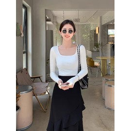 OQQ Women's 2 Piece Bodysuits Sexy Ribbed One Piece Square Neck Long Sleeve Tops Black White