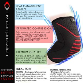 NV Compression Elbow Sleeve/Support (Single or Pair) Essential Race & Recover Premium Sleeve For Tennis and Golfer's Elbow, Weightlifting, Arthritis, Tendonitis, Workouts (Single - Black/Red, Large)