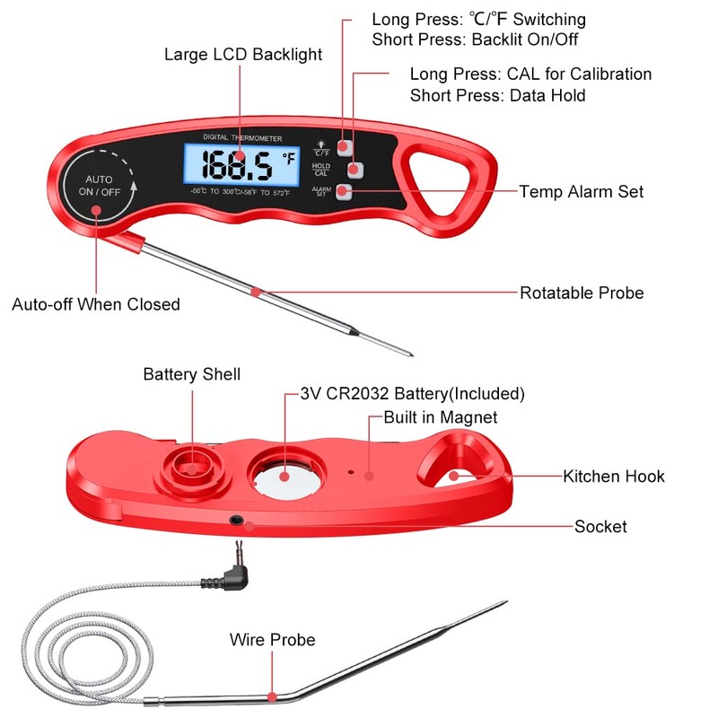 Meat Thermometer Instant Read, TEUMI Digital Food Thermometer with Dual