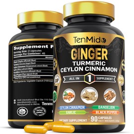 Tenmido Ginger & Turmeric Supplements - 6in1 with Ceylon Cinnamon, Garlic, Dandelion and Black Pepper - Digestive Health - 90 Vegan & Non-GMO Capsules