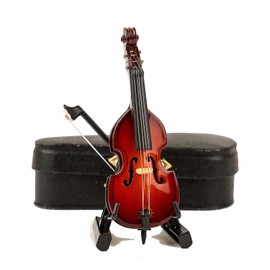 Dselvgvu Wooden Miniature Double Bass with Stand, Bow and Case Mini Musical Instrument Contrabass Replica Collectible Figurines Upright Bass Model Home Decoration Display Ornament (3.15"x1.06"x0.63")
