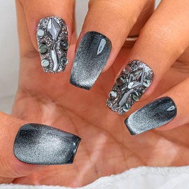 Sethexy Black Rhinestone Medium Coffin Artificial Nail Cat Eye Sparkle Handmade False Nails Crystals Natural Shiny Press on Nail Durable for Women and Girls (H)