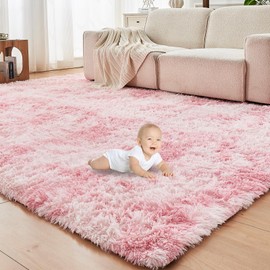OPPODREAM Small Area Rug 3x5 for Living Room, Ultra Soft Nursery Throw Rugs, 3 x 5 Fluffy Kids Carpet with 0.4" Thick Non-Slip Backing, Long Pile Shag Carpet, Fuzzy, Shaggy, Tie-dye Pink