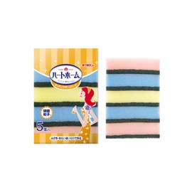 Kikulon Kitchen Sponge, Hard Type, Pink, Yellow, Blue, 5 Pieces, Includes Abrasive Particles, Can Be Washed and Polished, Heart Home