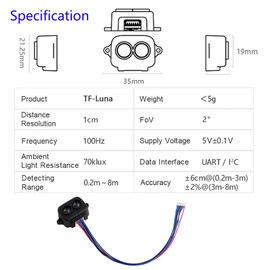 Wishiot TF-Luna LiDAR Range Finder Sensor 0.2m-8m Single-Point Ranging Module UART/I2C 5V with 6Pin Terminal to Dupont Cable for Arduino/RPi Pico/Pixhawk/WiFi_Lora_32