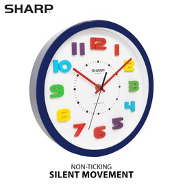 SHARP Colorful Kids Wall Clock 10 Inch Silent Non Ticking Quartz Battery Operated, Easy to Read 3D “Refrigerator Magnet” Style Multi Colored Numbers - Kids Room, Nursery Classroom Office, Blue Case
