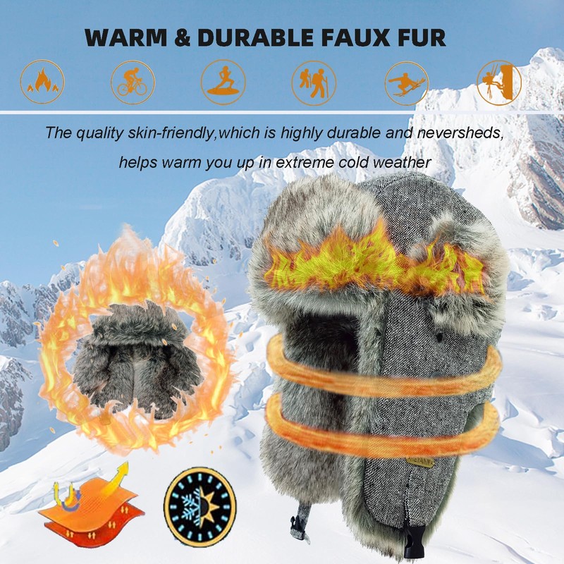 HEYANN Winter Trapper Hat with Ear Flaps Grey Trooper Ushanka