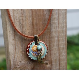 Whimsical Celestial Sun Moon and Stars Pendant Adjustable Brown Leather Necklace with Hand Painted Accents Turquoise Bead Bohemian Jewelry for Women Teen Girls Goddess Arts Collection