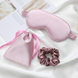 LCBD Silk Satin Sleeping Eye Mask, Sleep Eye Night Blindfold for Women and Men, Eyeshade Cover with Satin Hair Scrunchies and Ear Plugs, Wedding Bridesmaid Gift, Light Purple
