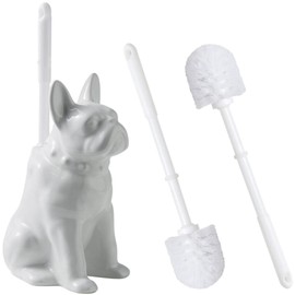 2025 Ceramic Dog Toilet Brush Holder Set, French Bulldog Design with 2PCS Durable Plastic Brush, Modern Bathroom Accessories (White)