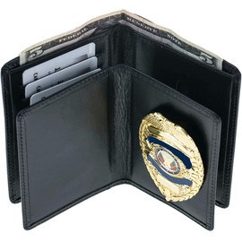 Law Enforcement Badge Wallet, All Leather, Fits Any Shape Badge with Pin Back, Black Woven Leather
