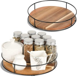 Lazy Susan Rotating Spice Rack - Rotating Spice Rack 23 cm with Handles and Non-Slip Base - Bamboo and Iron Turntable Easy to Clean - Pantry and Cabinets