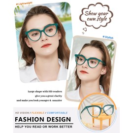 MARE AZZURO Large Reading Glasses 2.25 Women Large Cat Eye Readers 100 125 150 175 200 225 250 275 300 350 400 500 600 (Green, 2.25)
