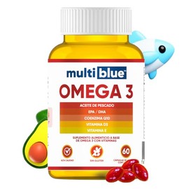 MultiBlue - Omega 3 Salmon Oil 60 Capsulas | Con Aceite de Pescado, EPA, DHA, CoQ10, Vitamina D3 y E | Sin Gluten, 100% Naturales, Libres de OMG | Certificado GMP | 2 caps diarias, 1 mes - Sabor Limon