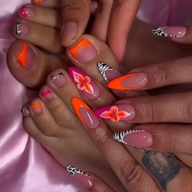 48Pcs Orange French Tip Press on Nails Crocodile Press on Toenails Medium Almond Fake Nails with 3D Flower Design Zebra Fake Toenails Glossy Skin Tones False Nails for Women Girls DIY Manicure