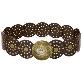 HIQUACC Wide Disc Belt for Women Vintage Leather Hollow Out Round Belt Western Waist Belt (Copper Coffee L)