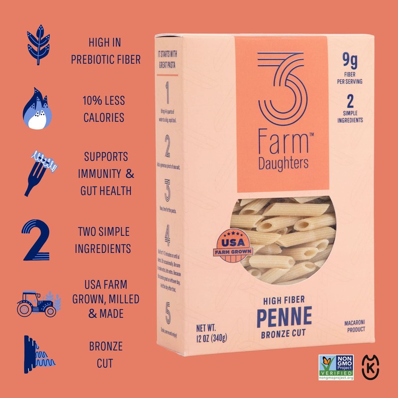 Three Farm Daughters High Fiber Pasta Penne Pack, Low GI,