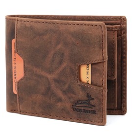 Fa.Volmer Slim Leather Wallet with RFID Protection - Made of Buffalo Leather in Antique Look - Large Coin Compartment, Quick Access Compartment Outside | VO21 (Brown)