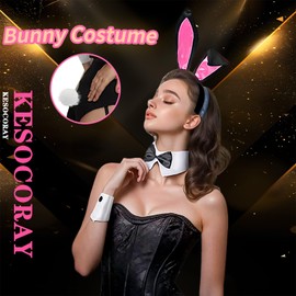 KESOCORAY Women's Bunny Costume Set with Box Rabbit Ear Headband Collar Bow Tie Costume Cuffs Rabbit Tail Kit for Easter Party (Black Pink)