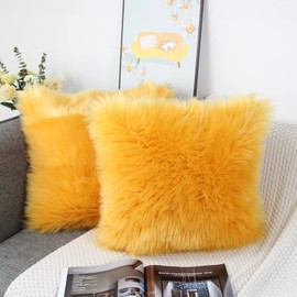 OYIMUA Mustard Yellow 50cm x 50cm Cushion Covers Pack of 2 Fluffy Soft Faux Fur Square Pillowcases, Luxury Home Decorative Super Soft Plush Pillow Covers Case 20x20 Inches for Sofa Bed Living Room