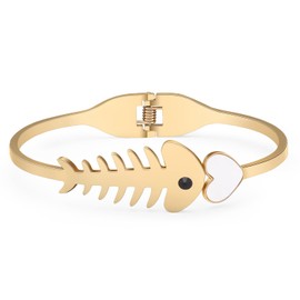 YAYAKO Fishbone Cat Bracelet Bangle Stainless Steel 18k Gold Bracelet for Women Girls Jewelry Dainty Bracelet Charms Cat Gifts (Gold Fishbone Bracelets)