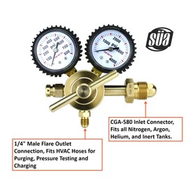 SÜA - Nitrogen Gas Regulator 0-600 PSIG - HVAC Purging - Pressure Charge - 1/4'' Flare Connector - With 60'' Charging Hose.