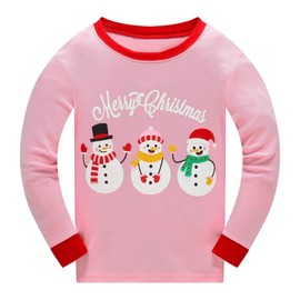 Popshion Girls Christmas Pajamas Long Sleeve Cotton Snowman Christmas PJs Two Piece Baby Girl Pink Clothes Kids Sleepwear 4t