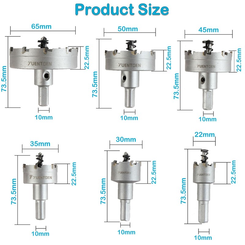 YUENTOEN 6Pcs Carbide Hole Saw Kit, 22-65MM TCT Drill Bit