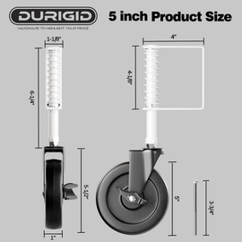 DURIGID 5” Spring Loaded Gate Caster with Side Foot Break Heavy Duty Gate Wheels for Wooden, Vinyl and Metal Gates, 360° Swivel, Ideal for Outdoor Fence Gates, 200 Lbs Capacity, 1 Pcs, White
