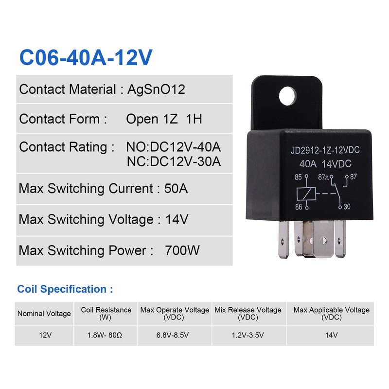 EHDIS 12V Motor Relay 5 Pin Coil 40amp Spdt Model