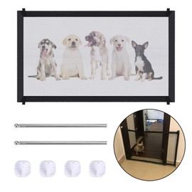 Magic Gate for Dogs, Portable Dog Door Safety Gate Pet Safety Gate with 4 Hooks and 2 Stainless Steel Support Bars for Dogs Black 110 × 72 cm