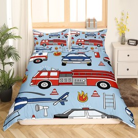 Manfei Fire Brigade Truck Children's Duvet Cover Set S Size, Cartoon Police Car Aeroplane Toddler Bedding Set, Girls Adults, Fire Brigade Tools Comforter Cover, Red Blue Quilt Cover, 1 Pillowcase