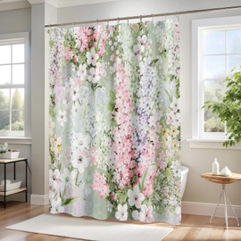 BayNook Sage Green Floral Shower Curtain, Colorful Flower Fabric Shower Curtains for Bathroom, Pretty Funky Watercolor Cloth Shower Curtain Set Cute Trendy Waterproof Bath Curtain 72x72