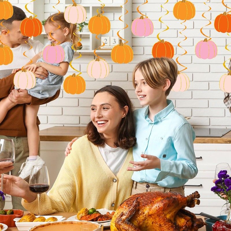 FYSUIMU 48 Pcs Fall Pumpkin Hanging Swirls Pink Orange Cute