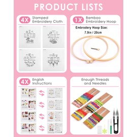 TINDTOP 4 Sets Embroidery Kit for Adult Beginners, Embroidery Kit for Beginners Include Embroidery Cloth Hoops Threads for Craft Lover Hand Stitch with Embroidery Skill Techniques