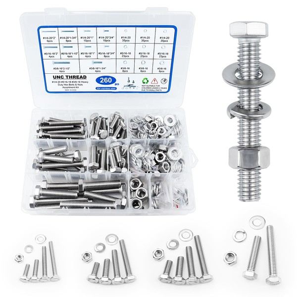 260PCS Hex Head Nuts and Bolts Assortment Kit, 1/4-20, 5/16-18,