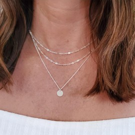 Aisansty Dainty Layered Choker Necklace Handmade Bar Chain Coin Pendant Adjustable Silver Plated Layering Necklaces for Women