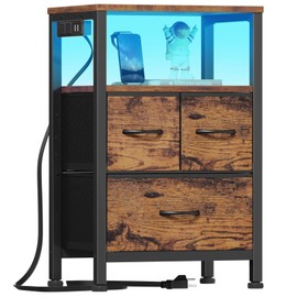 Furnulem Led Nightstand with Charging Station, Bedside Table with 3 Fabric Drawers and Storage Shelf, End Table Side Table with USB Ports and Outlets, Small Night Stand for Bedroom, Rustic Brown