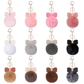 Hicarer 12 Pcs Fluffy Pom Pom Keychain Bulk Bow Rhinestone Pompoms Keychain Cute Faux Fur Fluffy Fuzzy Ball for Girls Women Family Friends Bag Accessories Gifts(Dark Colors)