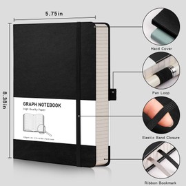 RETTACY Graph Paper Notebook A5 320 Pages Grid Notebook Thick Journal, 100gsm Thick Graph Paper, Leather Hardcover, Inner Pocket, for Office School Work Women Men14.5 x 21cm - Black