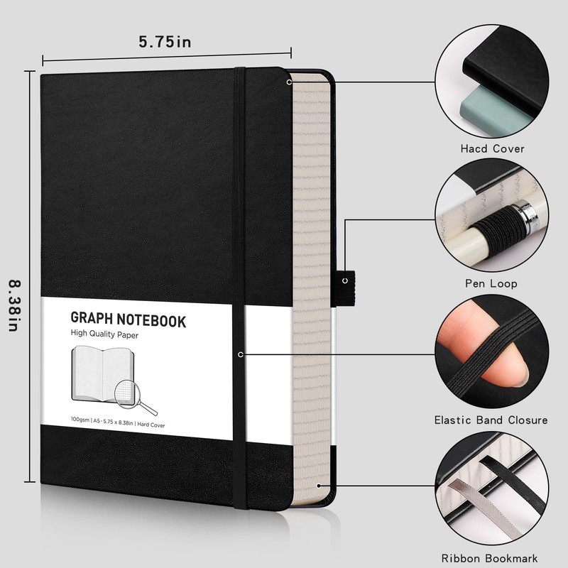 RETTACY Graph Paper Notebook A5 320 Pages Grid Notebook Thick