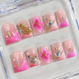 Handmade Press on Nails Short Duck 3D Floral Cute Pink Thick Acrylic Fake Nails French Tip False Nails with Rhinestones Flower Butterfly Designs Sturdy Nail Art Press on Nails 10Pcs(M)