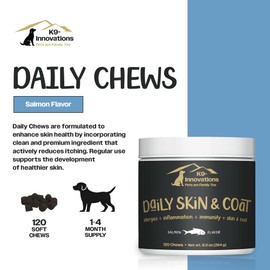 K9-Innovations - Daily Skin & Coat Dog Chews Salmon Flavor - Reduce Itching & Paw Chewing, Omega 3 & VIT C for Skin Health - 1-4 Month Supply (120qty)